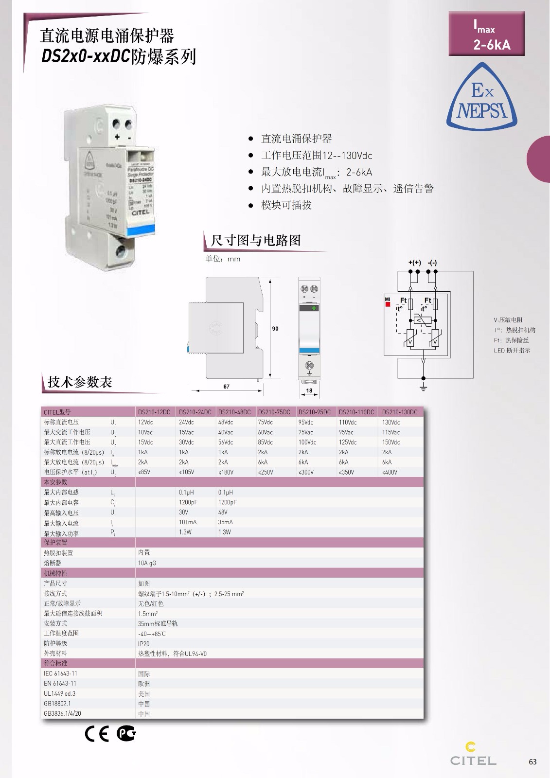 直流防雷器DS50PV-1000-30系列技術參數、規(guī)格尺寸